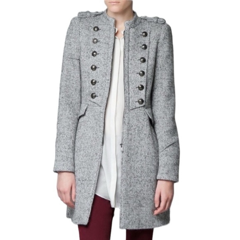 Zara Basic - Military Style Gray Herringbone Trench Wool Blend Coat in Size M